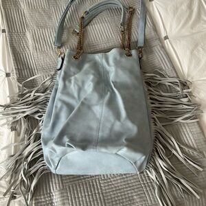 Fringe Powder Blue Suede Shoulder Bag